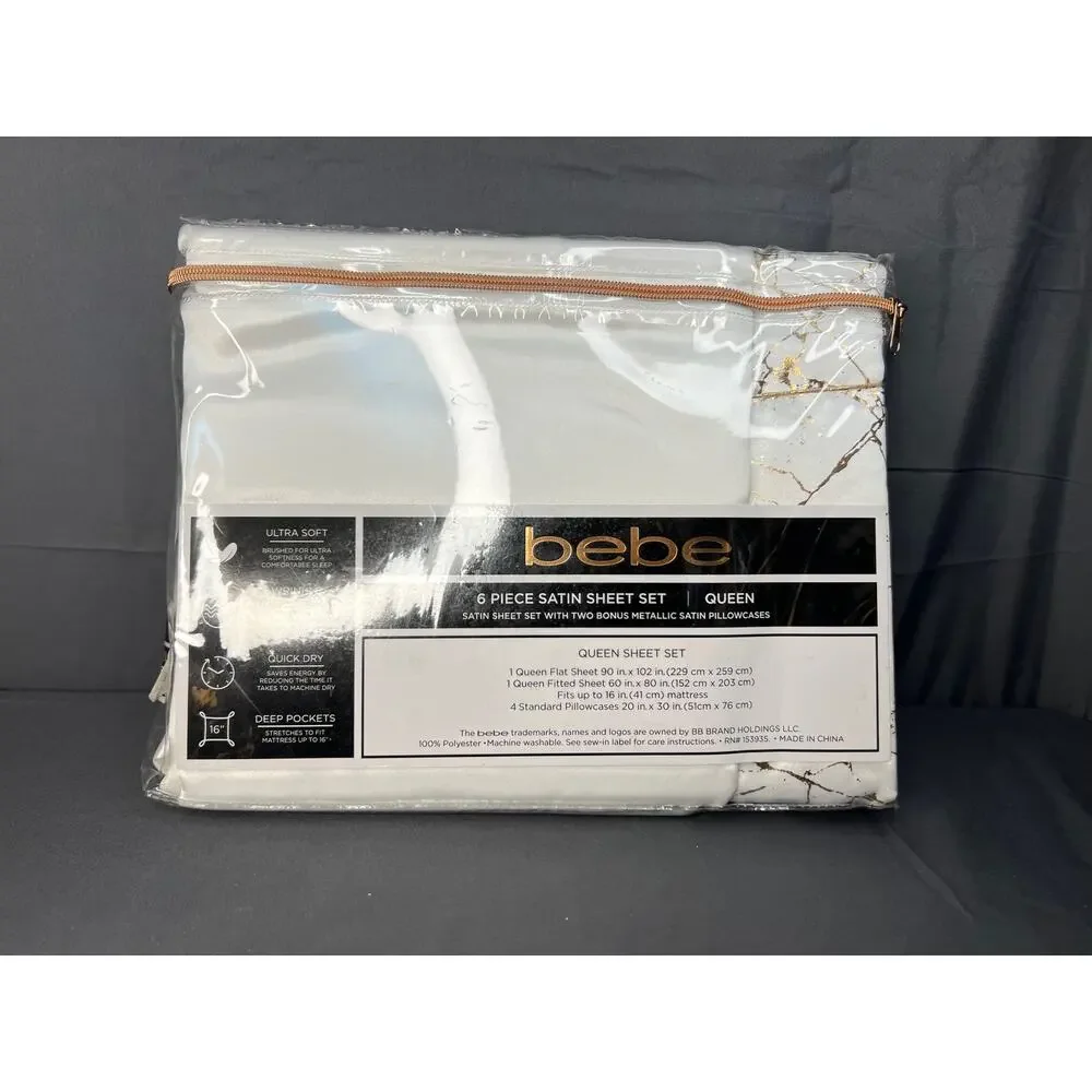 bebe 6 Pc White Satin Queen Size Sheet Set with 2 Bonus Pillowcases NIP
